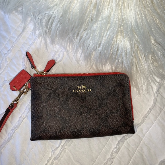 Coach double corner zip wristlet brown/ red - Picture 2 of 6